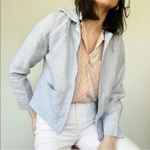 VTG Ice Blue Linen Cropped Zip Up Hoodie Front Pockets Beach Coastal SZ 5/6 XS-M